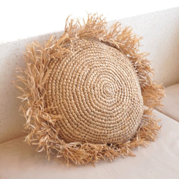 Rond Boho Kussen met Franjes Decoratief Kussen Ø40/50 cm Sierkussen van Raffia Bankkussen met Vulling TARAKAN beige - Afbeelding 2