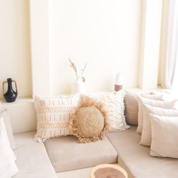 Rond Boho Kussen met Franjes Decoratief Kussen Ø40/50 cm Sierkussen van Raffia Bankkussen met Vulling TARAKAN beige - Afbeelding 3